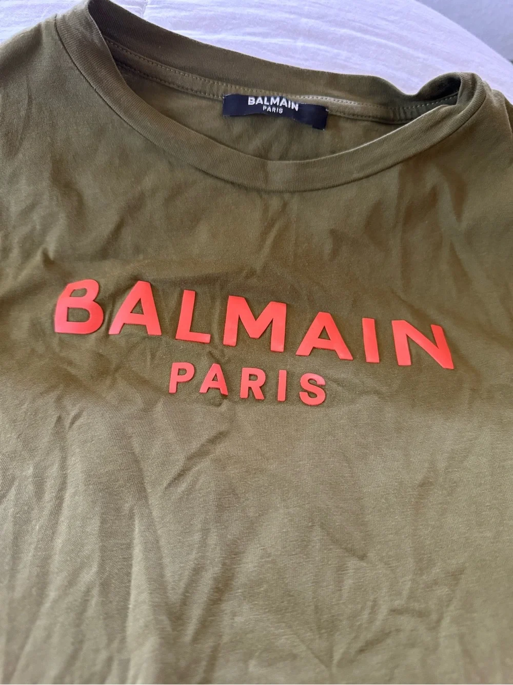 Balmain Olive Green Tee with orange Raised Logo